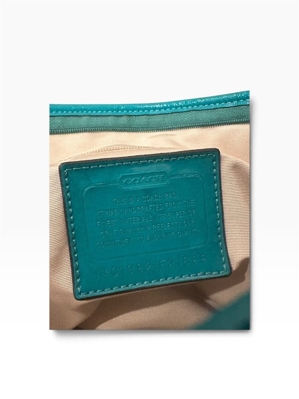 COACH Signature Stripe Zip Top Tote Khaki and Teal Canvas Bag F21899 Y2K - Picture 6 of 6